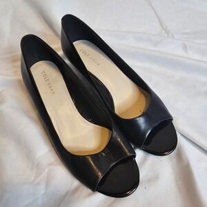 Cole Haan Black Leather Peep‎ Toe Wedge Heel Pumps Shoes Women's